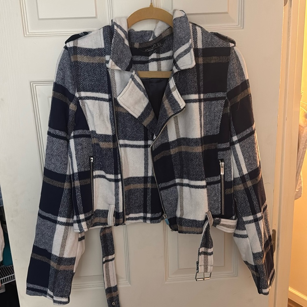Like new, blue plaid moto jacket
